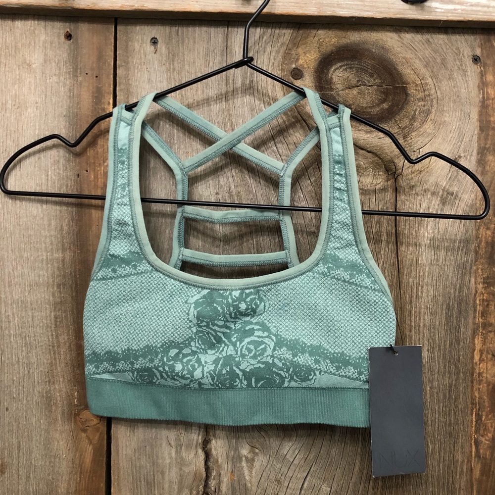 NUX Activewear Strappy Back Sports Bra in Green Print Size Small